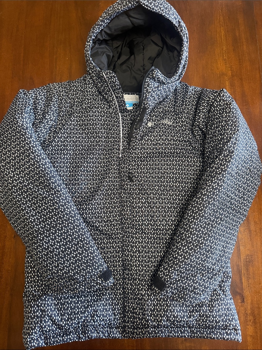 Columbia Black and White Speckled Hooded Puffer Jacket
